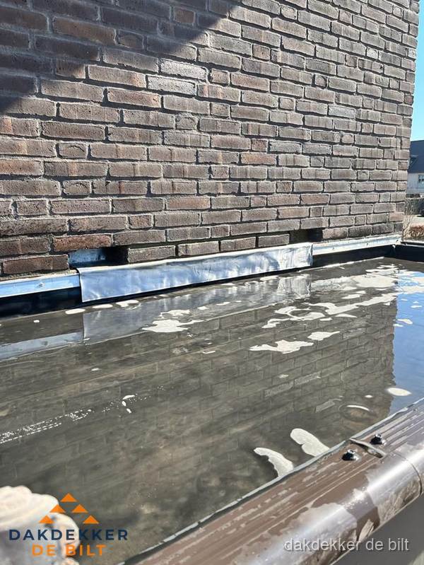 Stilstaand water op plat dak door slechte afwatering in De Bilt