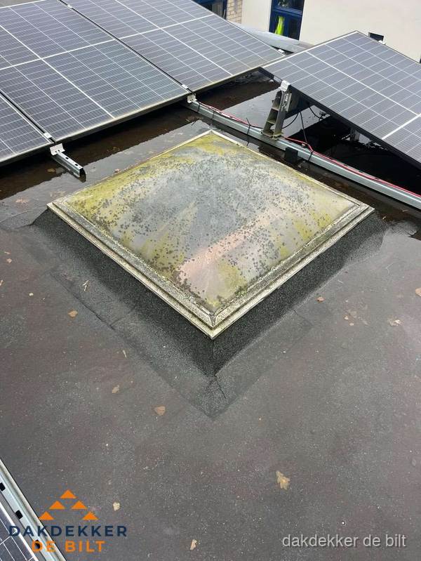 Vervuilde lichtkoepel op plat dak met zonnepanelen in De Bilt