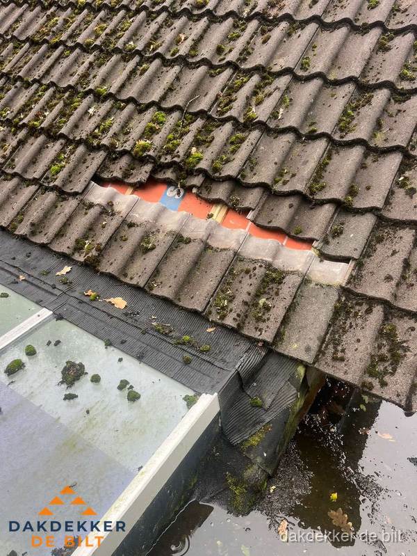 Beschadigd pannendak met ontbrekende dakpannen voor reparatie in De Bilt